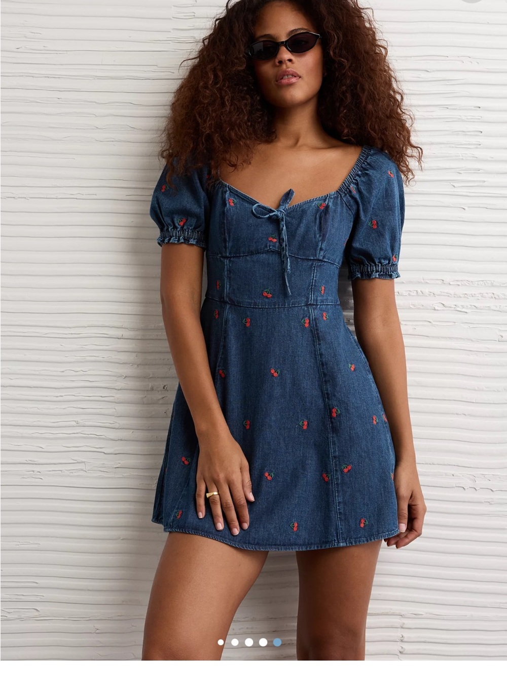 American Eagle Outfitters Blue Denim Mini Dress with Red Embroidery